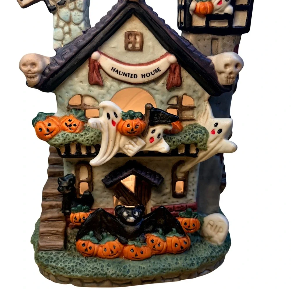 Vintage Haunted House 1990s Ceramic Ghost Pumpkin Halloween Light Up Village